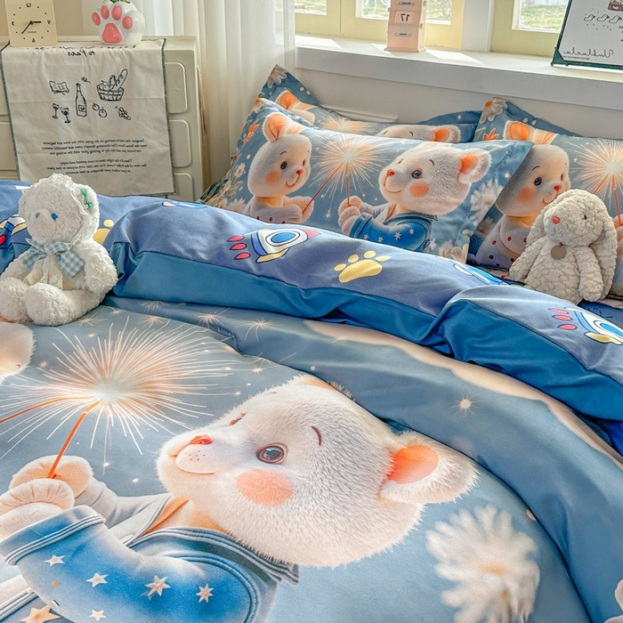 91家纺网 家纺一手货源 找家纺 宝薇 2026春夏新款7D卡通加厚斜纹仿棉生态磨毛大版四件套 繁星