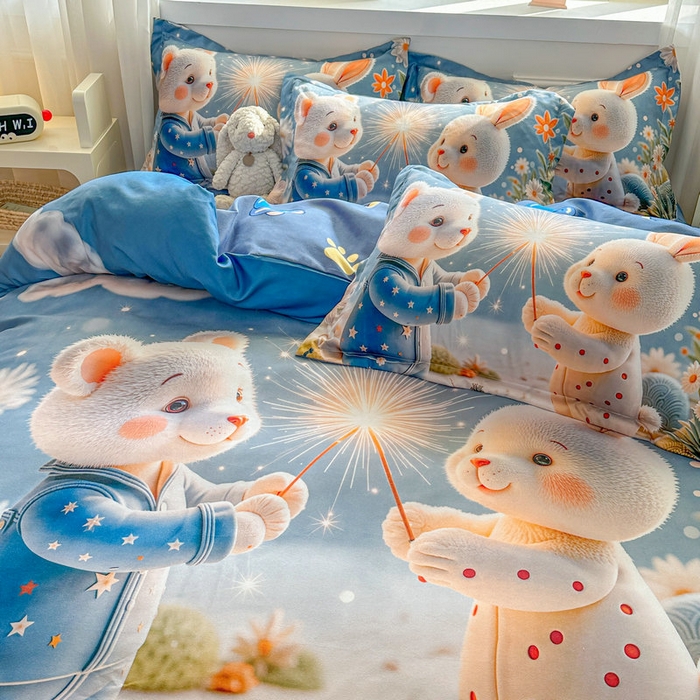 91家纺网 家纺一手货源 找家纺 宝薇 2026春夏新款7D卡通加厚斜纹仿棉生态磨毛大版四件套 繁星