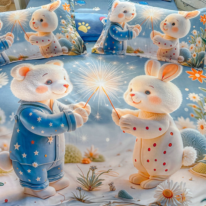 91家纺网 家纺一手货源 找家纺 宝薇 2026春夏新款7D卡通加厚斜纹仿棉生态磨毛大版四件套 繁星