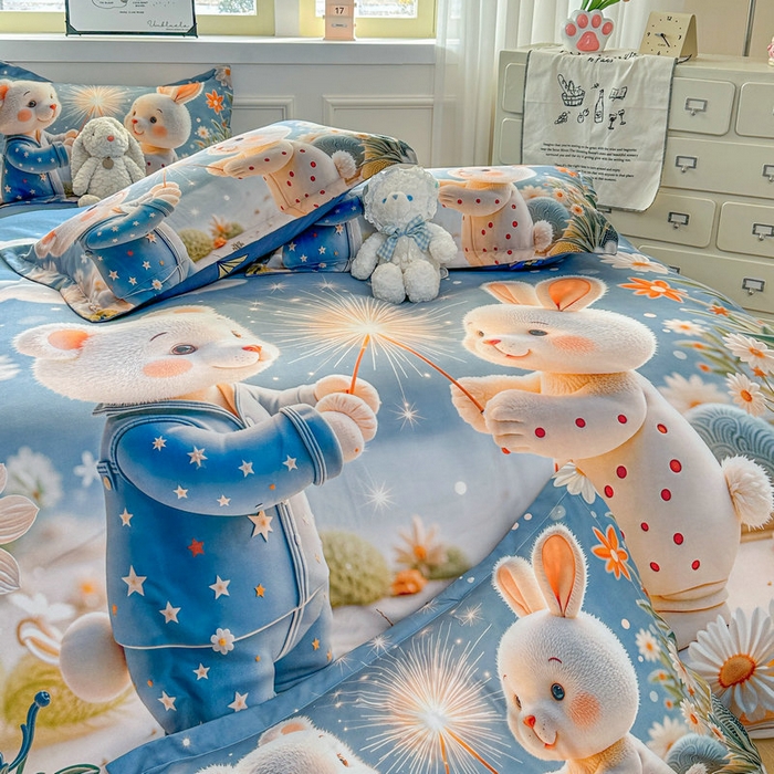 91家纺网 家纺一手货源 找家纺 宝薇 2026春夏新款7D卡通加厚斜纹仿棉生态磨毛大版四件套 繁星