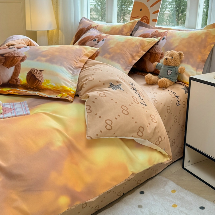 91家纺网 家纺一手货源 找家纺 宝薇 2026春夏新款7D卡通加厚斜纹仿棉生态磨毛大版四件套 好运松鼠