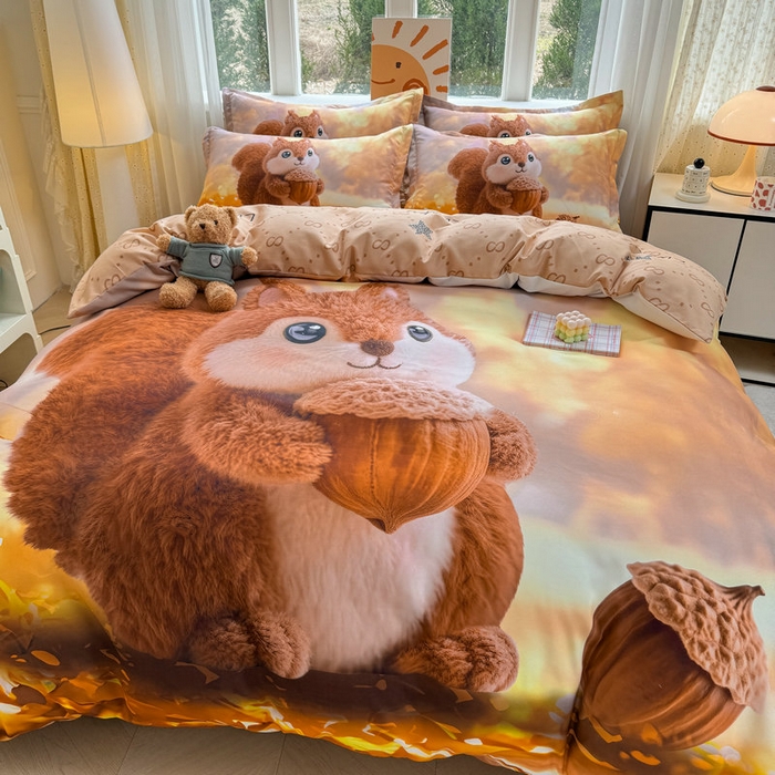 91家纺网 家纺一手货源 找家纺 宝薇 2026春夏新款7D卡通加厚斜纹仿棉生态磨毛大版四件套 好运松鼠