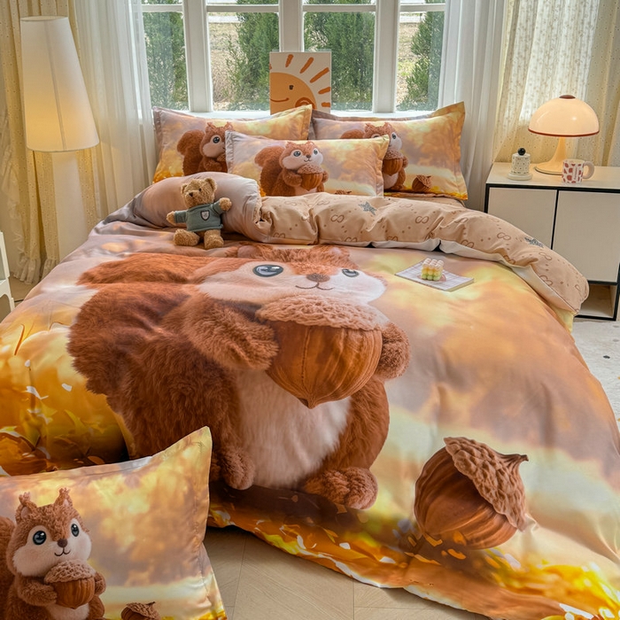 91家纺网 家纺一手货源 找家纺 宝薇 2026春夏新款7D卡通加厚斜纹仿棉生态磨毛大版四件套 好运松鼠