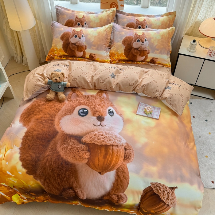 91家纺网 家纺一手货源 找家纺 宝薇 2026春夏新款7D卡通加厚斜纹仿棉生态磨毛大版四件套 好运松鼠