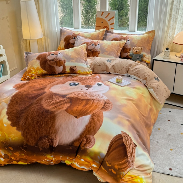 91家纺网 家纺一手货源 找家纺 宝薇 2026春夏新款7D卡通加厚斜纹仿棉生态磨毛大版四件套 好运松鼠