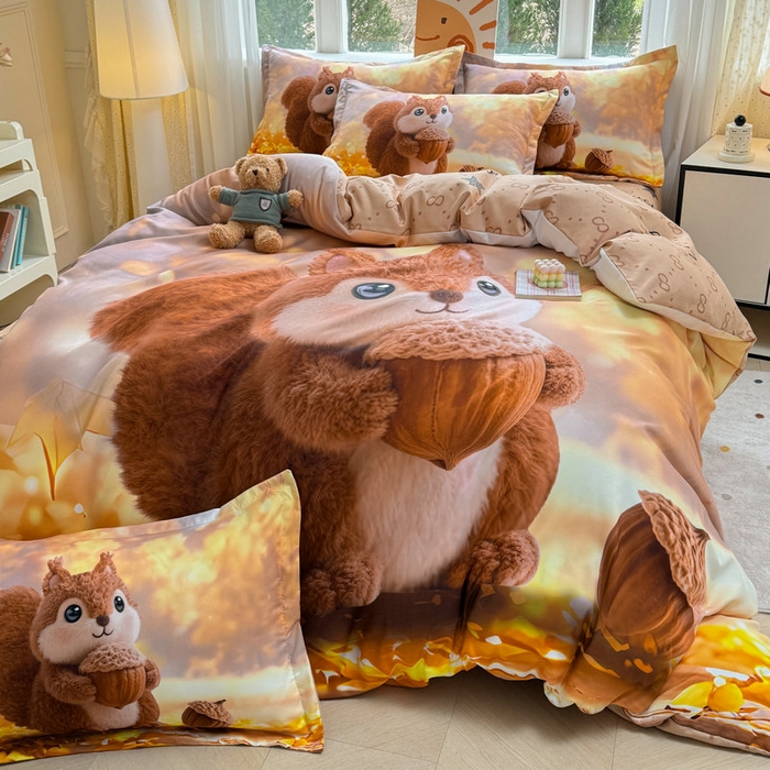 91家纺网 家纺一手货源 找家纺 宝薇 2026春夏新款7D卡通加厚斜纹仿棉生态磨毛大版四件套 好运松鼠