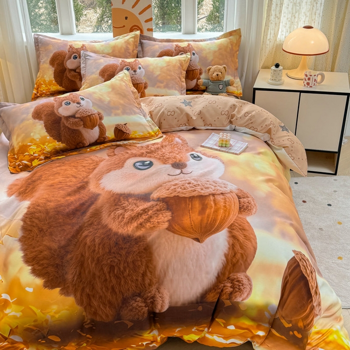 91家纺网 家纺一手货源 找家纺 宝薇 2026春夏新款7D卡通加厚斜纹仿棉生态磨毛大版四件套 好运松鼠