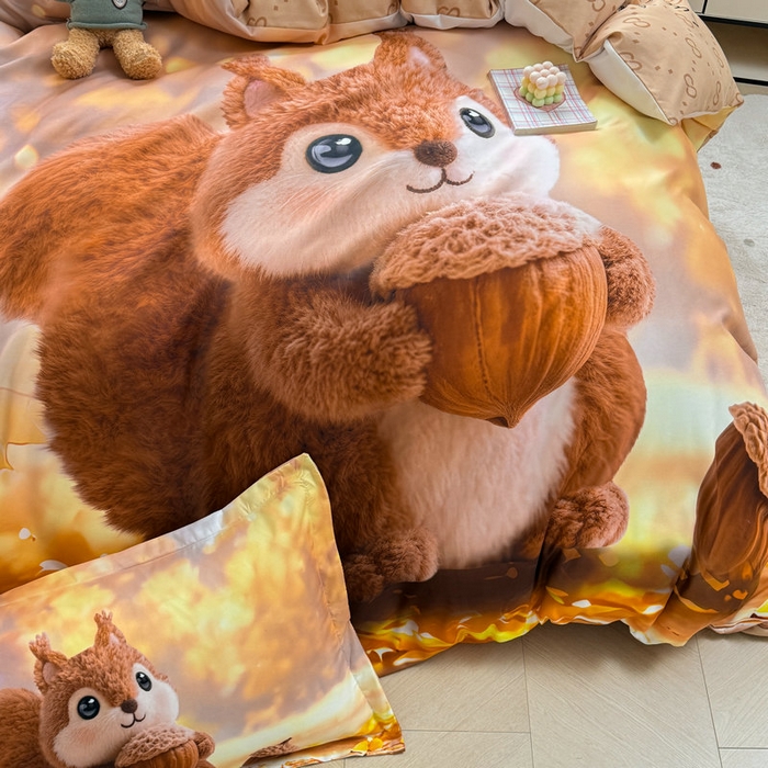 91家纺网 家纺一手货源 找家纺 宝薇 2026春夏新款7D卡通加厚斜纹仿棉生态磨毛大版四件套 好运松鼠