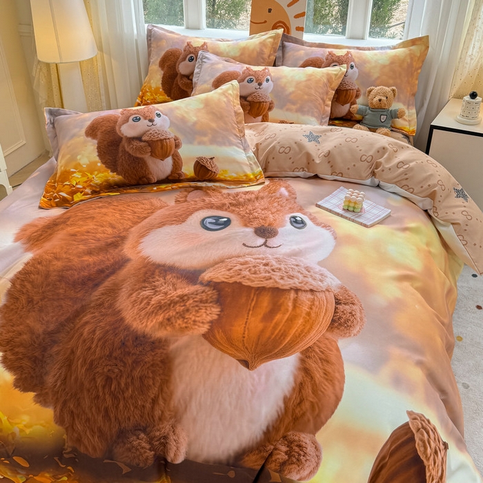 91家纺网 家纺一手货源 找家纺 宝薇 2026春夏新款7D卡通加厚斜纹仿棉生态磨毛大版四件套 好运松鼠