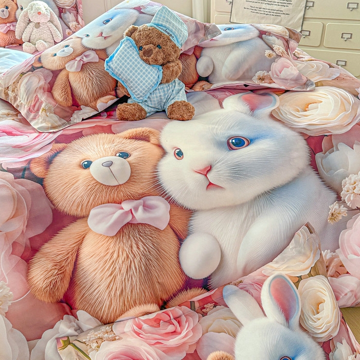 91家纺网 家纺一手货源 找家纺 宝薇 2026春夏新款7D卡通加厚斜纹仿棉生态磨毛大版四件套 欢乐时光