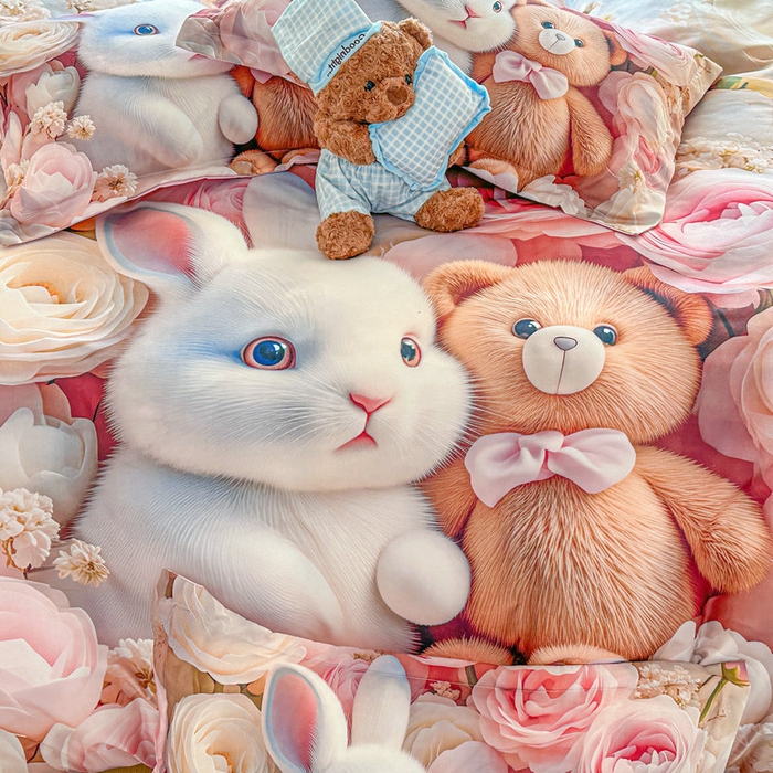 91家纺网 家纺一手货源 找家纺 宝薇 2026春夏新款7D卡通加厚斜纹仿棉生态磨毛大版四件套 欢乐时光