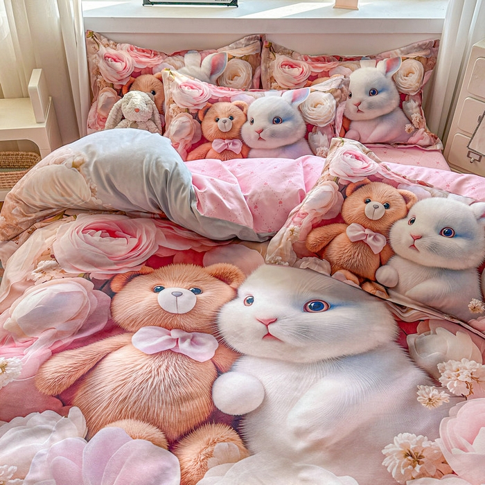 91家纺网 家纺一手货源 找家纺 宝薇 2026春夏新款7D卡通加厚斜纹仿棉生态磨毛大版四件套 欢乐时光