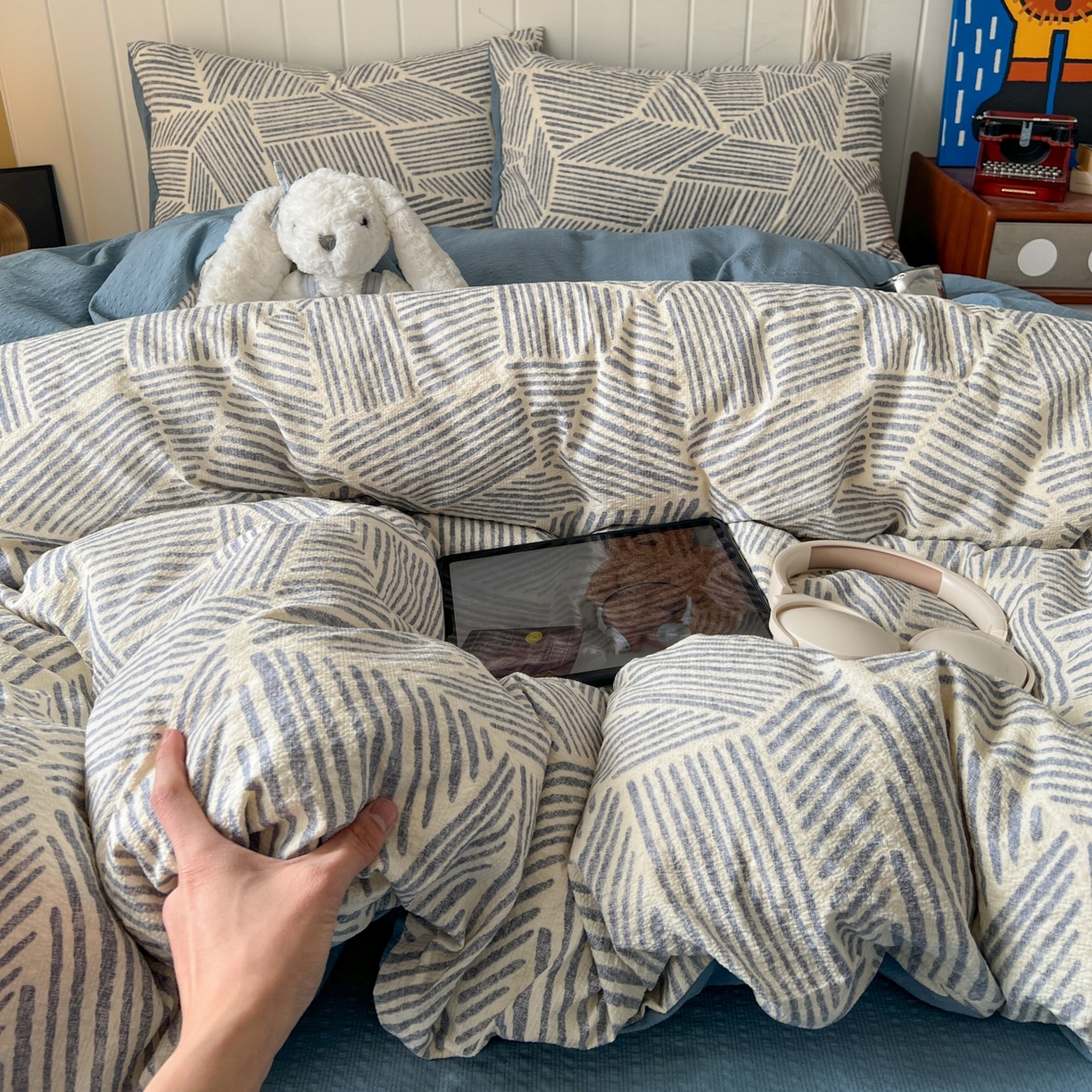 91家纺网 家纺一手货源 找家纺 水木坊 2026春夏新款高品质泡芙普通款四件套 浅川纹