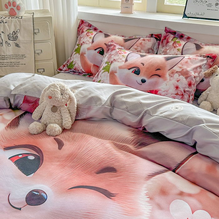 91家纺网 家纺一手货源 找家纺 宝薇 2026春夏新款7D卡通加厚斜纹仿棉生态磨毛大版四件套 梨花开