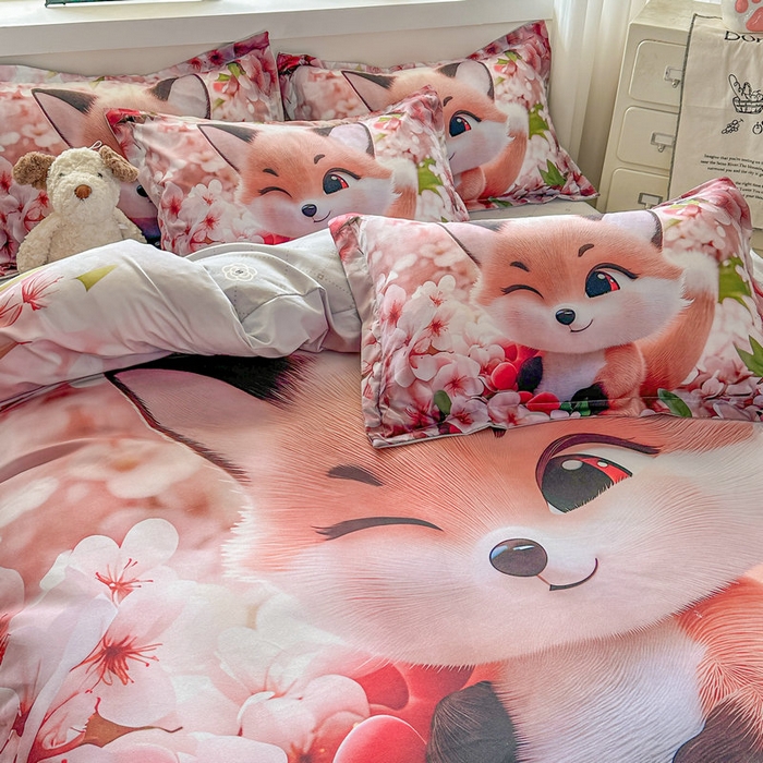 91家纺网 家纺一手货源 找家纺 宝薇 2026春夏新款7D卡通加厚斜纹仿棉生态磨毛大版四件套 梨花开
