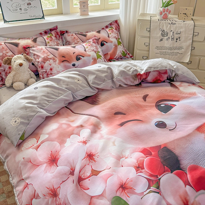 91家纺网 家纺一手货源 找家纺 宝薇 2026春夏新款7D卡通加厚斜纹仿棉生态磨毛大版四件套 梨花开