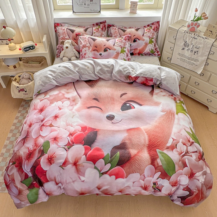 91家纺网 家纺一手货源 找家纺 宝薇 2026春夏新款7D卡通加厚斜纹仿棉生态磨毛大版四件套 梨花开