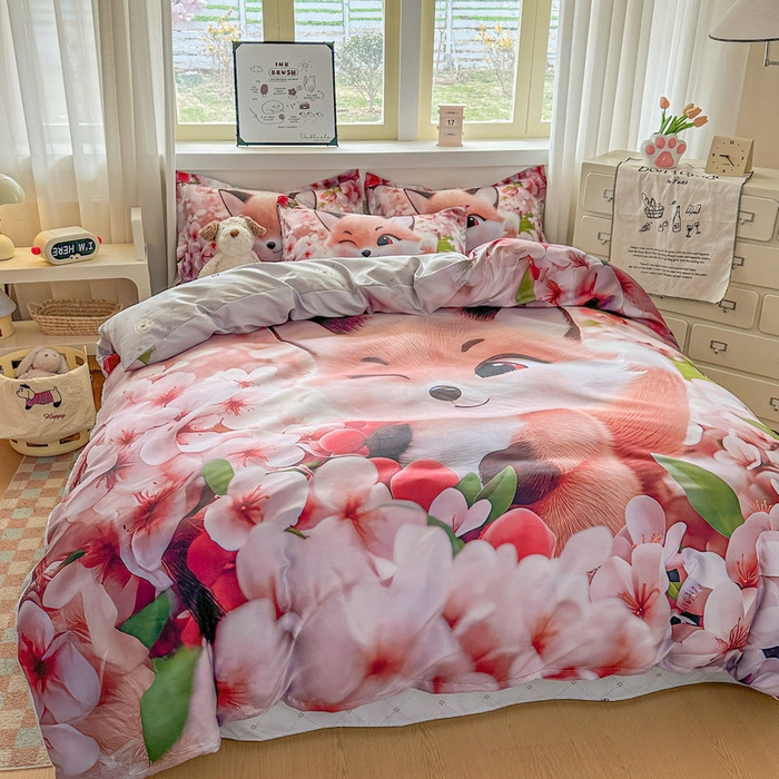 91家纺网 家纺一手货源 找家纺 宝薇 2026春夏新款7D卡通加厚斜纹仿棉生态磨毛大版四件套 梨花开