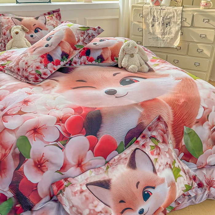 91家纺网 家纺一手货源 找家纺 宝薇 2026春夏新款7D卡通加厚斜纹仿棉生态磨毛大版四件套 梨花开