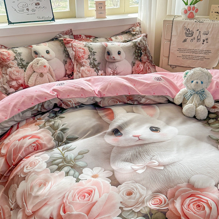 91家纺网 家纺一手货源 找家纺 宝薇 2026春夏新款7D卡通加厚斜纹仿棉生态磨毛大版四件套 玫瑰兔