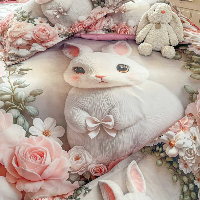 91家纺网 家纺一手货源 找家纺 宝薇 2026春夏新款7D卡通加厚斜纹仿棉生态磨毛大版四件套 玫瑰兔