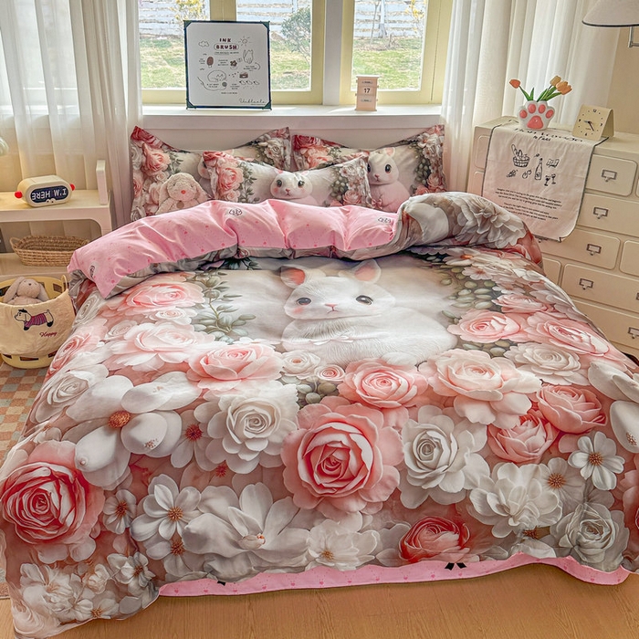 91家纺网 家纺一手货源 找家纺 宝薇 2026春夏新款7D卡通加厚斜纹仿棉生态磨毛大版四件套 玫瑰兔