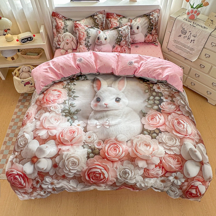 91家纺网 家纺一手货源 找家纺 宝薇 2026春夏新款7D卡通加厚斜纹仿棉生态磨毛大版四件套 玫瑰兔