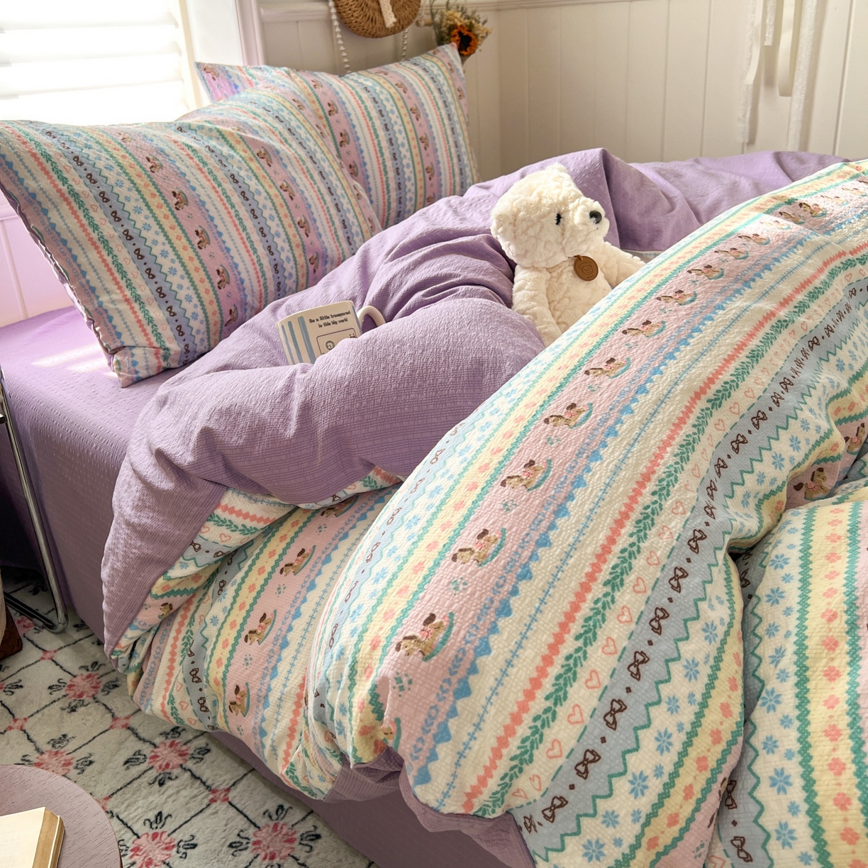 91家纺网 家纺一手货源 找家纺 水木坊 2026春夏新款高品质泡芙普通款四件套 甜心木马卷