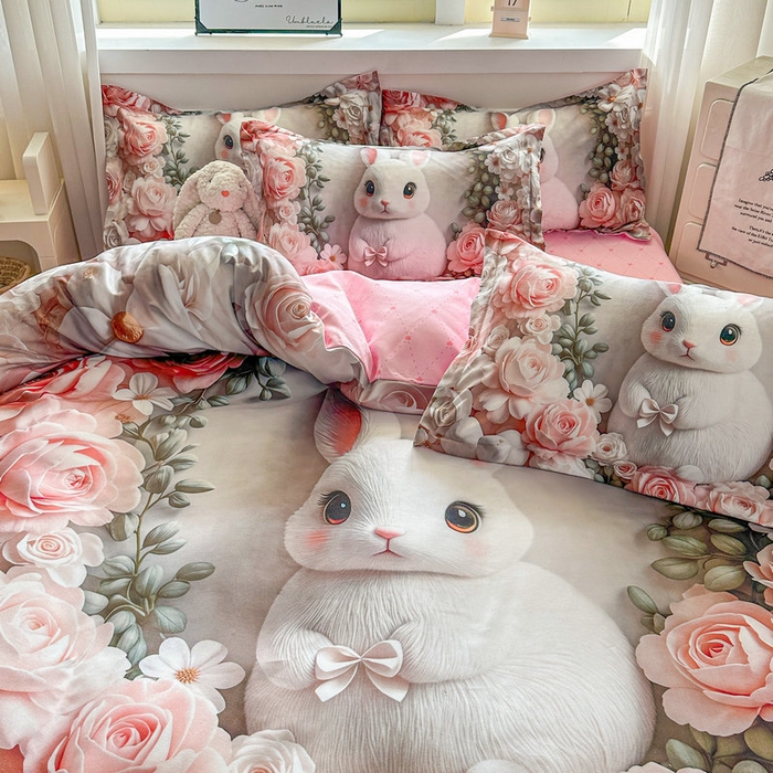 91家纺网 家纺一手货源 找家纺 宝薇 2026春夏新款7D卡通加厚斜纹仿棉生态磨毛大版四件套 玫瑰兔