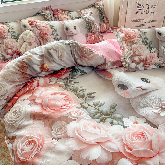 91家纺网 家纺一手货源 找家纺 宝薇 2026春夏新款7D卡通加厚斜纹仿棉生态磨毛大版四件套 玫瑰兔