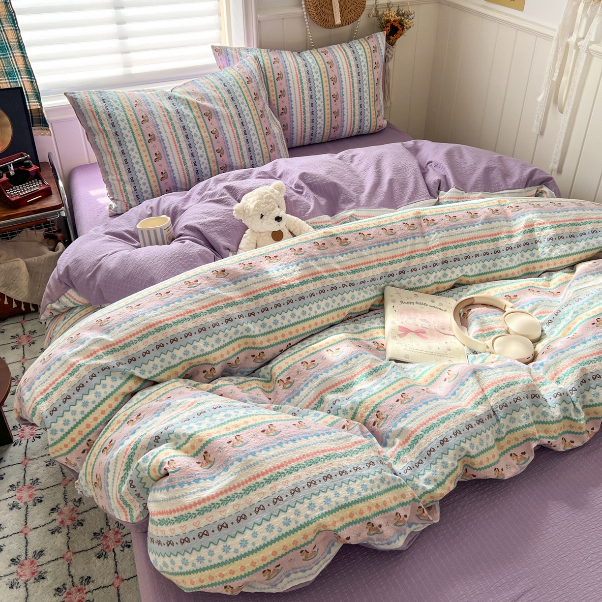 91家纺网 家纺一手货源 找家纺 水木坊 2026春夏新款高品质泡芙普通款四件套 甜心木马卷