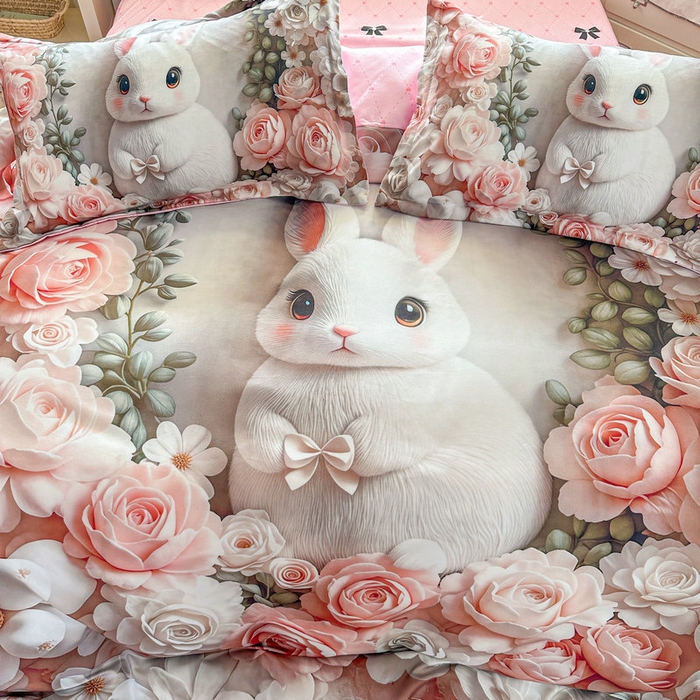 91家纺网 家纺一手货源 找家纺 宝薇 2026春夏新款7D卡通加厚斜纹仿棉生态磨毛大版四件套 玫瑰兔