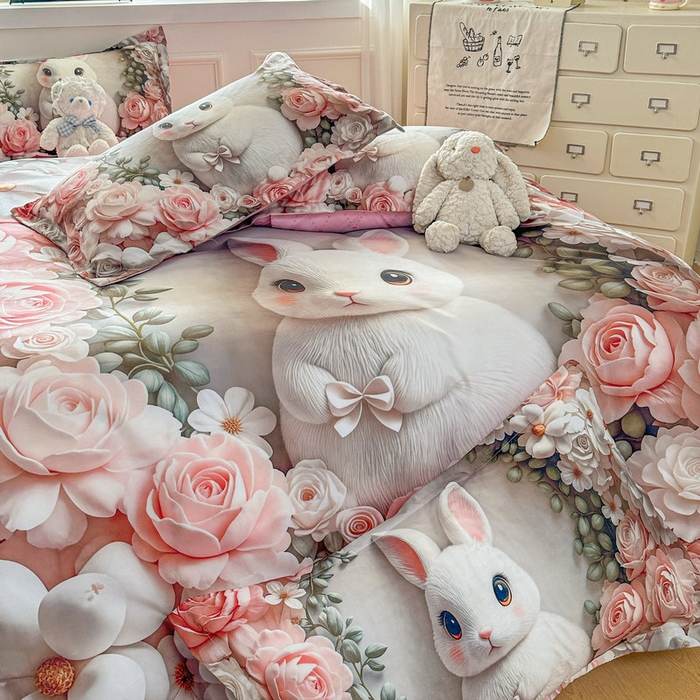 91家纺网 家纺一手货源 找家纺 宝薇 2026春夏新款7D卡通加厚斜纹仿棉生态磨毛大版四件套 玫瑰兔