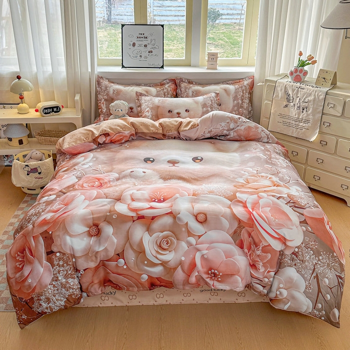 宝薇 2026春夏新款7D卡通加厚斜纹仿棉生态磨毛大版四件套 萌萌熊