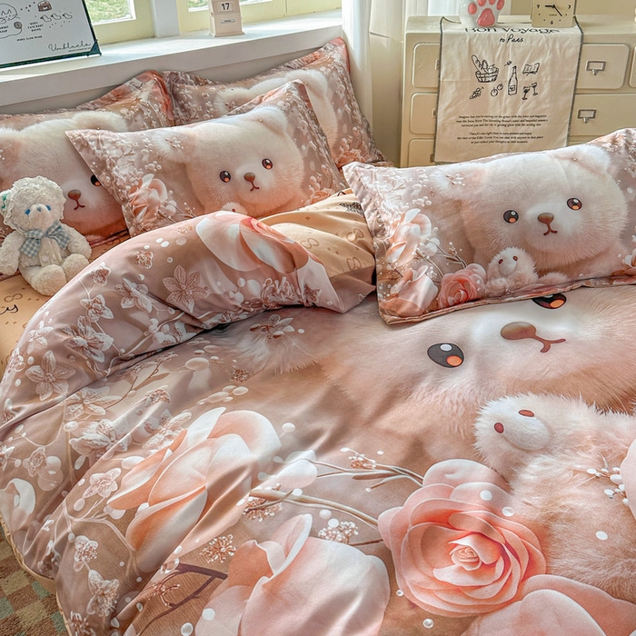 91家纺网 家纺一手货源 找家纺 宝薇 2026春夏新款7D卡通加厚斜纹仿棉生态磨毛大版四件套 萌萌熊