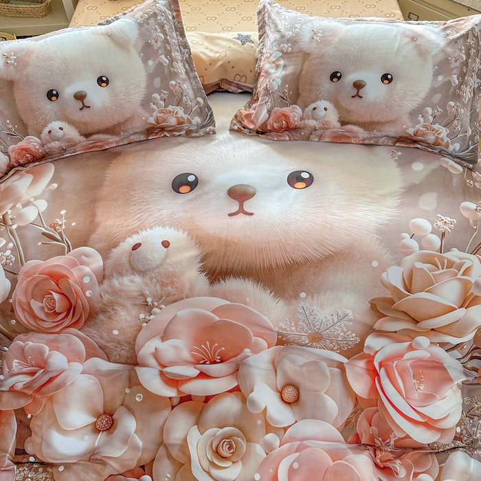 91家纺网 家纺一手货源 找家纺 宝薇 2026春夏新款7D卡通加厚斜纹仿棉生态磨毛大版四件套 萌萌熊