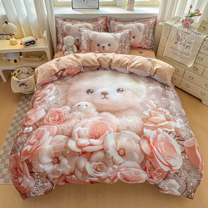 91家纺网 家纺一手货源 找家纺 宝薇 2026春夏新款7D卡通加厚斜纹仿棉生态磨毛大版四件套 萌萌熊