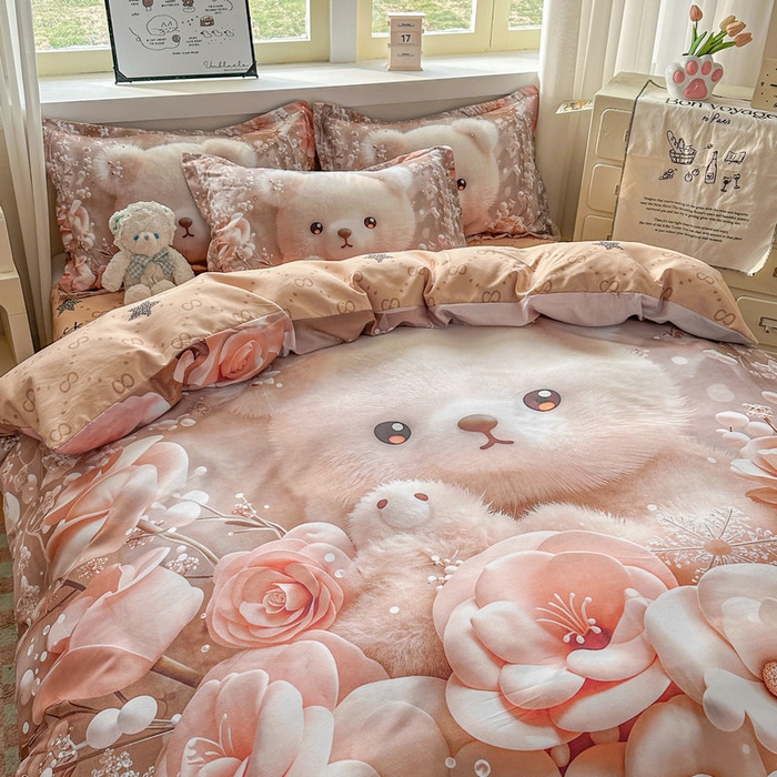 91家纺网 家纺一手货源 找家纺 宝薇 2026春夏新款7D卡通加厚斜纹仿棉生态磨毛大版四件套 萌萌熊