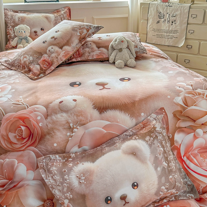 91家纺网 家纺一手货源 找家纺 宝薇 2026春夏新款7D卡通加厚斜纹仿棉生态磨毛大版四件套 萌萌熊