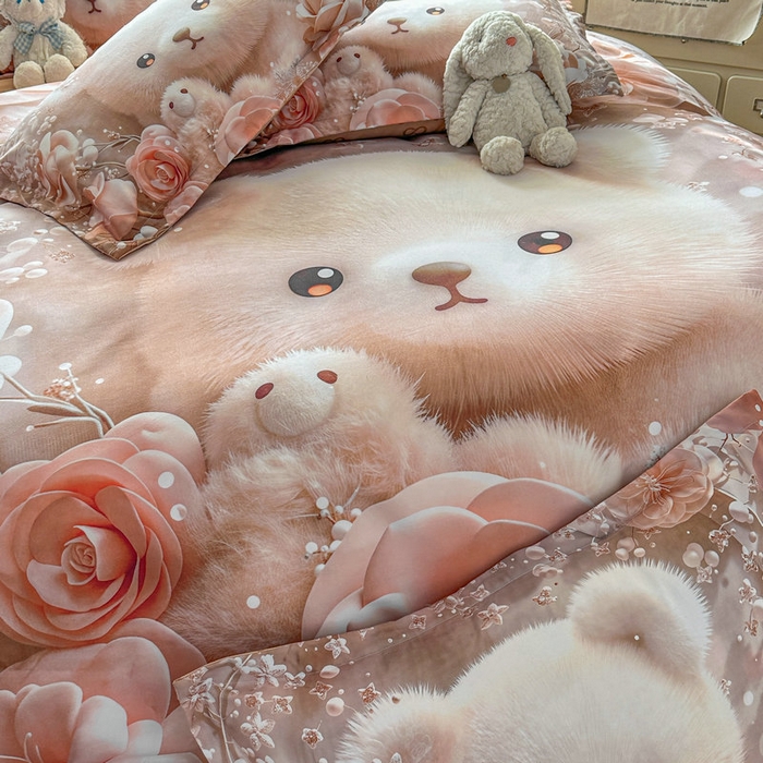 91家纺网 家纺一手货源 找家纺 宝薇 2026春夏新款7D卡通加厚斜纹仿棉生态磨毛大版四件套 萌萌熊