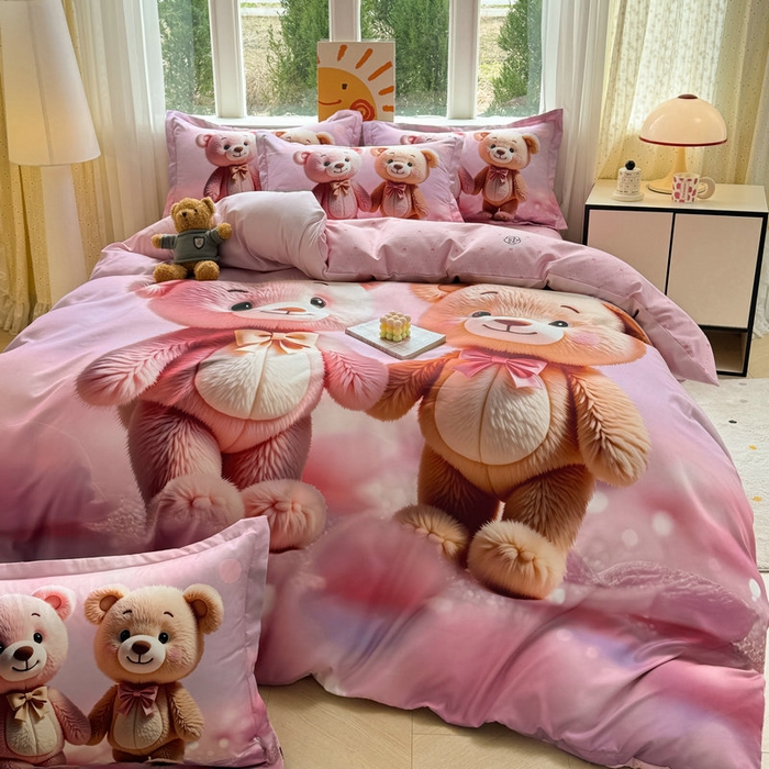 91家纺网 家纺一手货源 找家纺 宝薇 2026春夏新款7D卡通加厚斜纹仿棉生态磨毛大版四件套 牵手熊