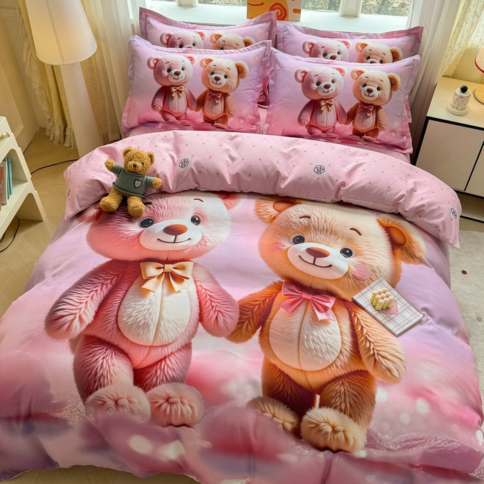 91家纺网 家纺一手货源 找家纺 宝薇 2026春夏新款7D卡通加厚斜纹仿棉生态磨毛大版四件套 牵手熊