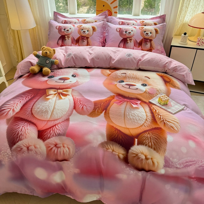 91家纺网 家纺一手货源 找家纺 宝薇 2026春夏新款7D卡通加厚斜纹仿棉生态磨毛大版四件套 牵手熊