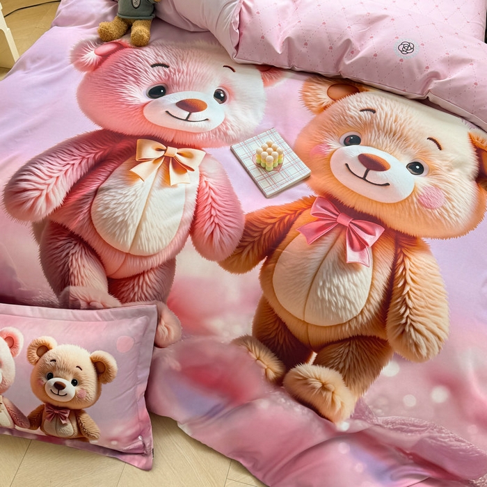 91家纺网 家纺一手货源 找家纺 宝薇 2026春夏新款7D卡通加厚斜纹仿棉生态磨毛大版四件套 牵手熊