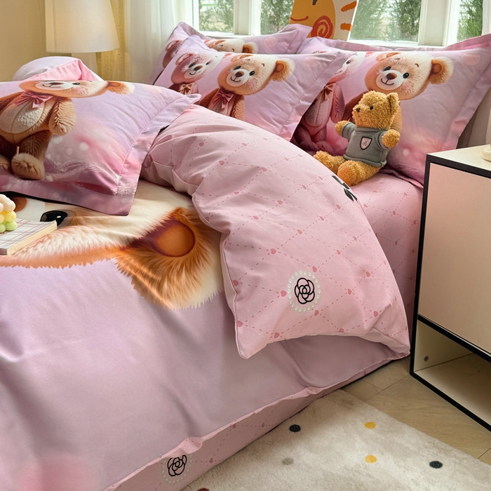 91家纺网 家纺一手货源 找家纺 宝薇 2026春夏新款7D卡通加厚斜纹仿棉生态磨毛大版四件套 牵手熊