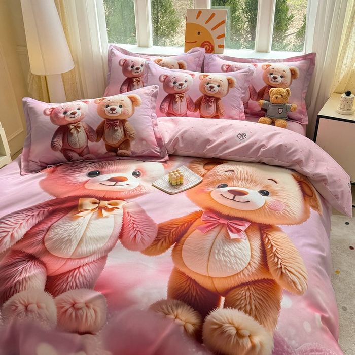 91家纺网 家纺一手货源 找家纺 宝薇 2026春夏新款7D卡通加厚斜纹仿棉生态磨毛大版四件套 牵手熊