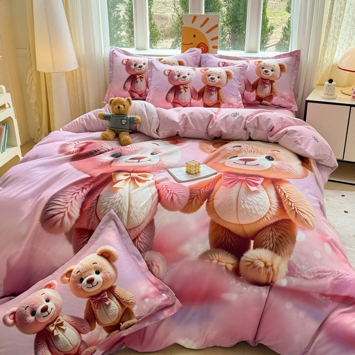 91家纺网 家纺一手货源 找家纺 宝薇 2026春夏新款7D卡通加厚斜纹仿棉生态磨毛大版四件套 牵手熊