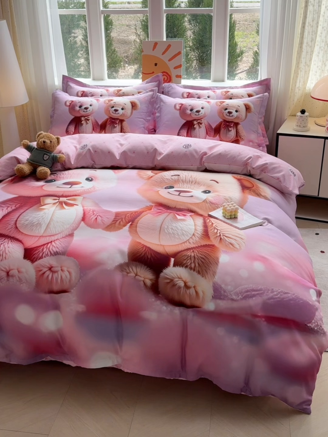 91家纺网 家纺一手货源 找家纺 宝薇 2026春夏新款7D卡通加厚斜纹仿棉生态磨毛大版四件套 牵手熊