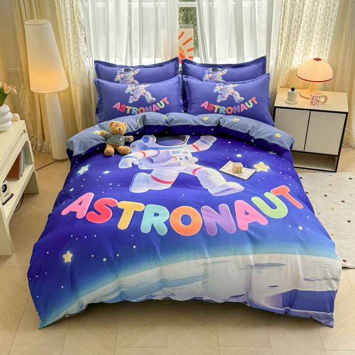 宝薇 2026春夏新款7D卡通加厚斜纹仿棉生态磨毛大版四件套 太空人