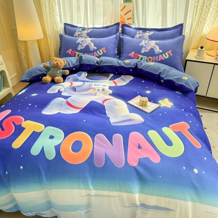 91家纺网 家纺一手货源 找家纺 宝薇 2026春夏新款7D卡通加厚斜纹仿棉生态磨毛大版四件套 太空人